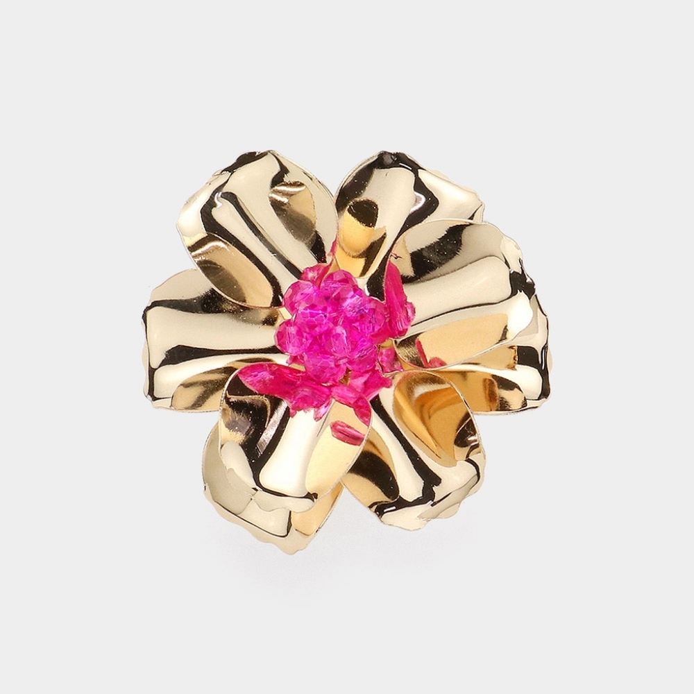 Fuchsia Pearl Ball Beaded Metal Cocktail Flower Petal Ring Statement Accessory